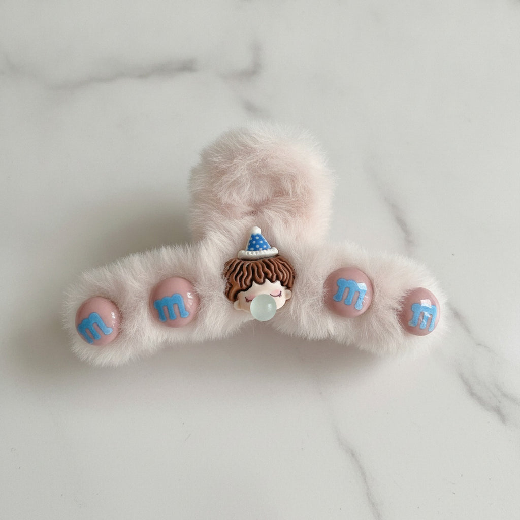 Fluffy Cream Hair Claw With Charm Accents – hair accessories (view 2)