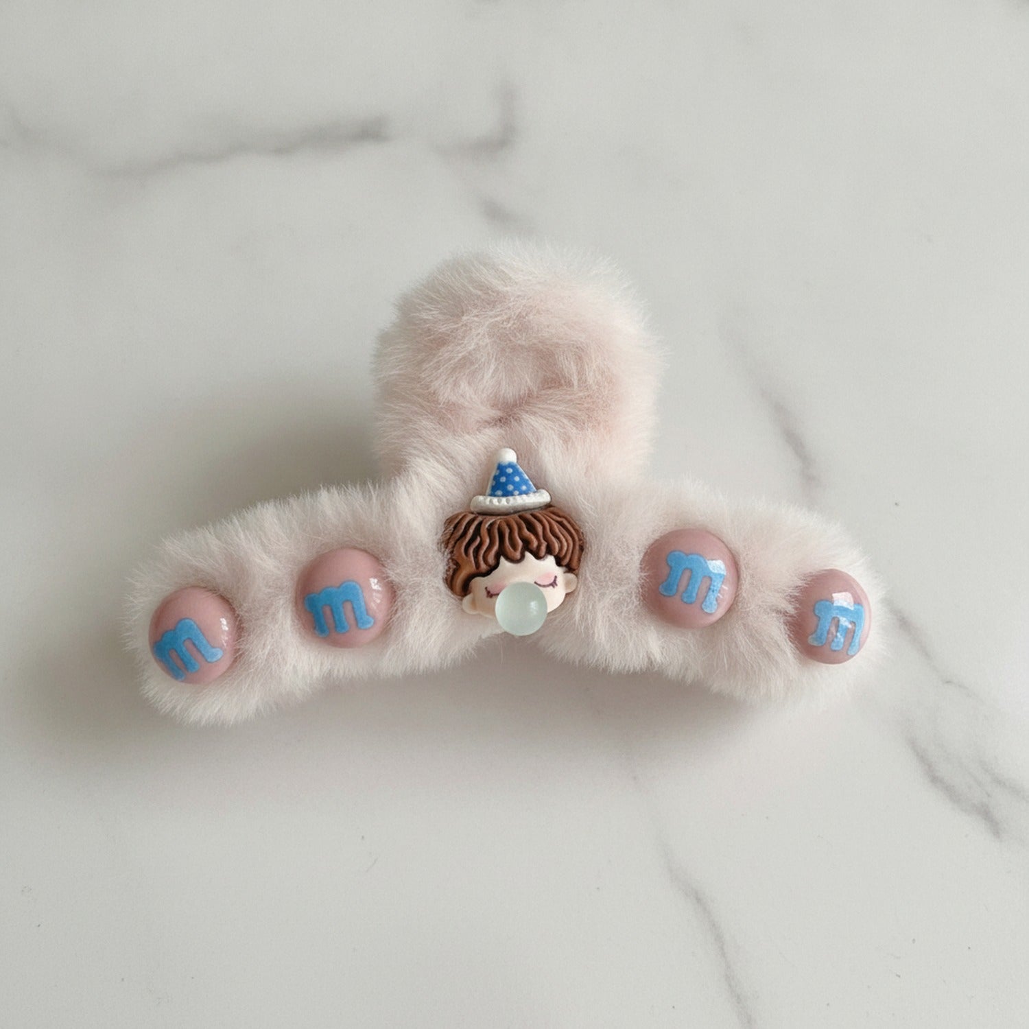 Fluffy Cream Hair Claw With Charm Accents