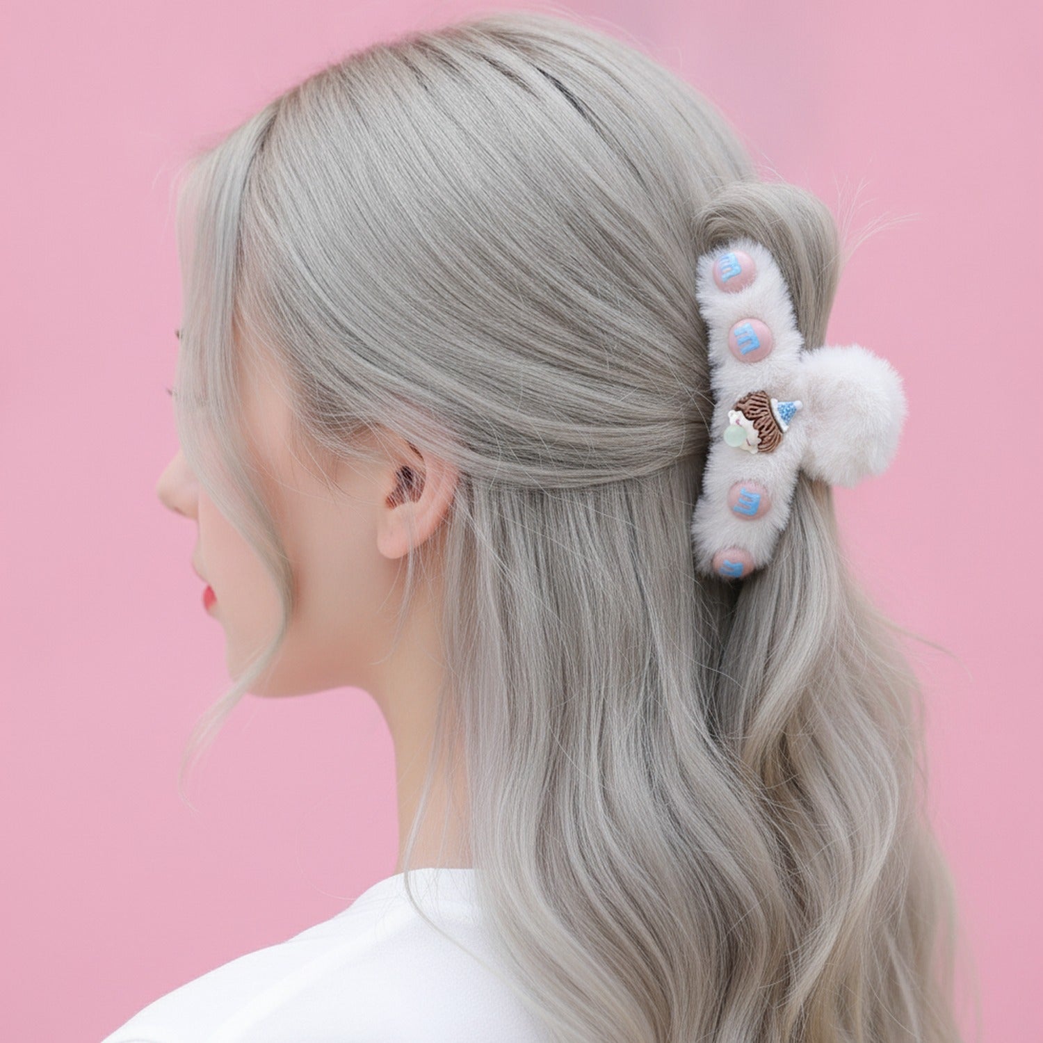 Fluffy Cream Hair Claw With Charm Accents