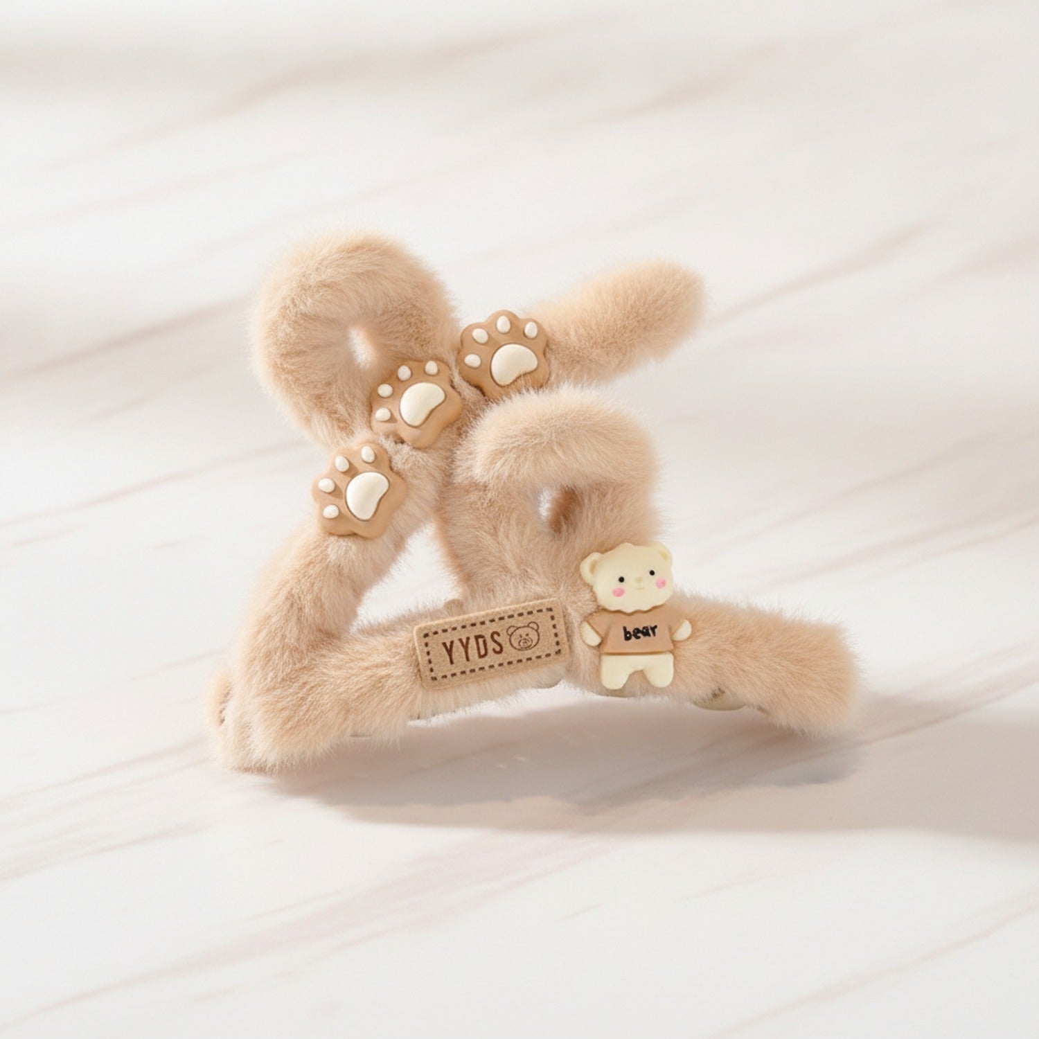 Fuzzy Teddy Bear Hair Claw With Paw Charms