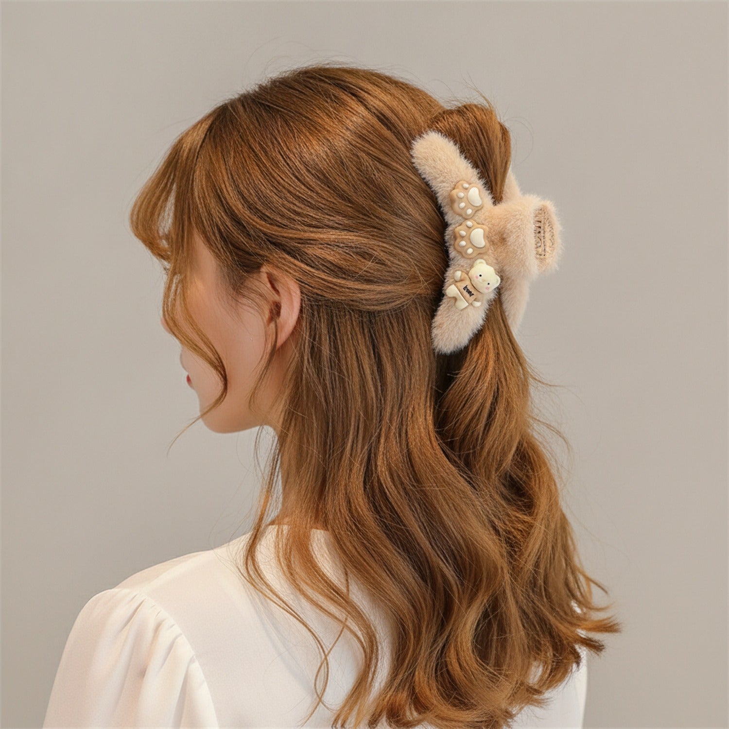 Fuzzy Teddy Bear Hair Claw With Paw Charms