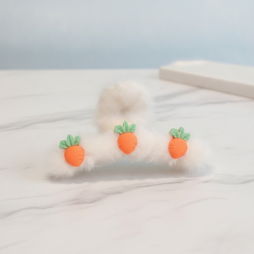 Fluffy White Hair Claw With Carrot Charms – hair accessories (view 2)