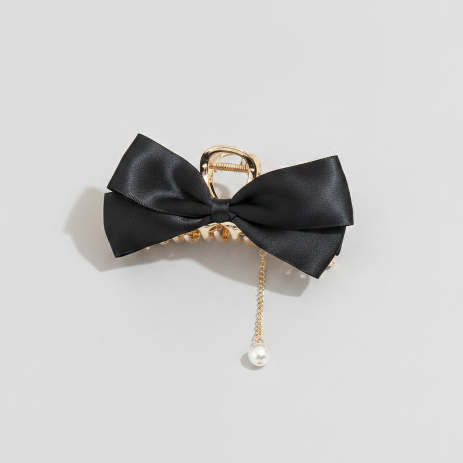Black Satin Bow Hair Claw With Pearl Charm