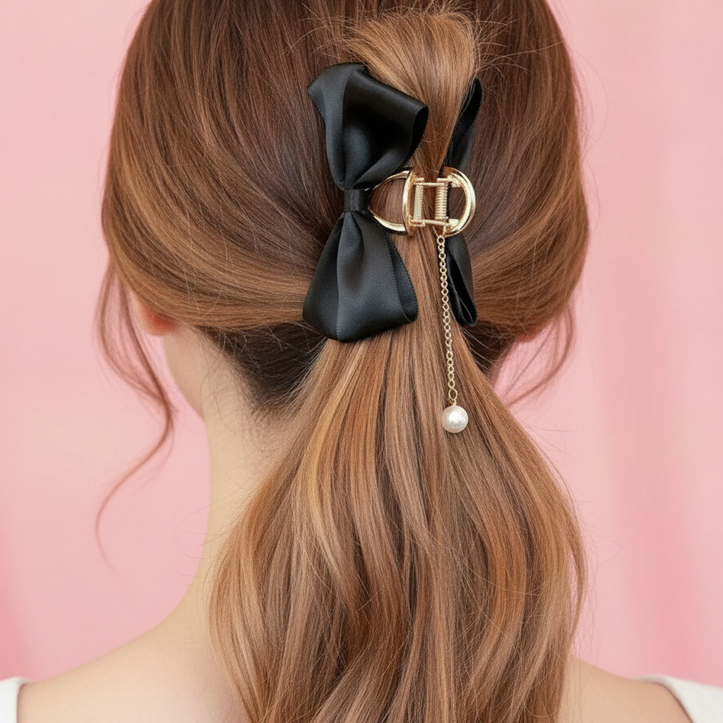 Black Satin Bow Hair Claw With Pearl Charm – hair accessories (view 2)
