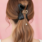 Black Satin Bow Hair Claw With Pearl Charm – hair accessories (view 2)