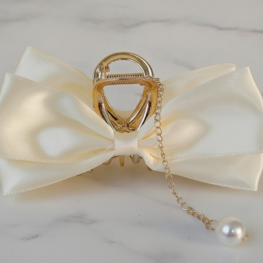Cream Pearl Charm Bow Hair Claw – hair accessories (view 2)