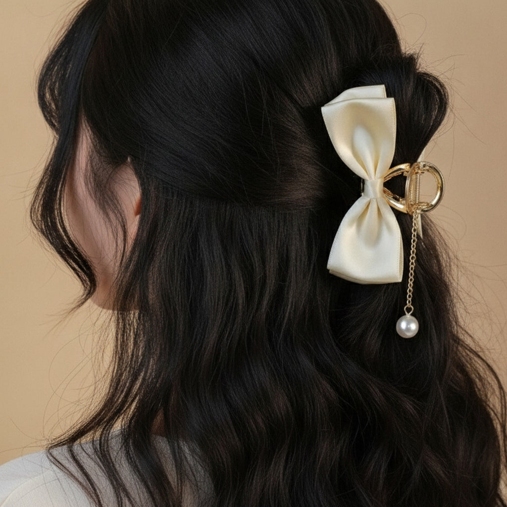 Cream Pearl Charm Bow Hair Claw – hair accessories (view 3)