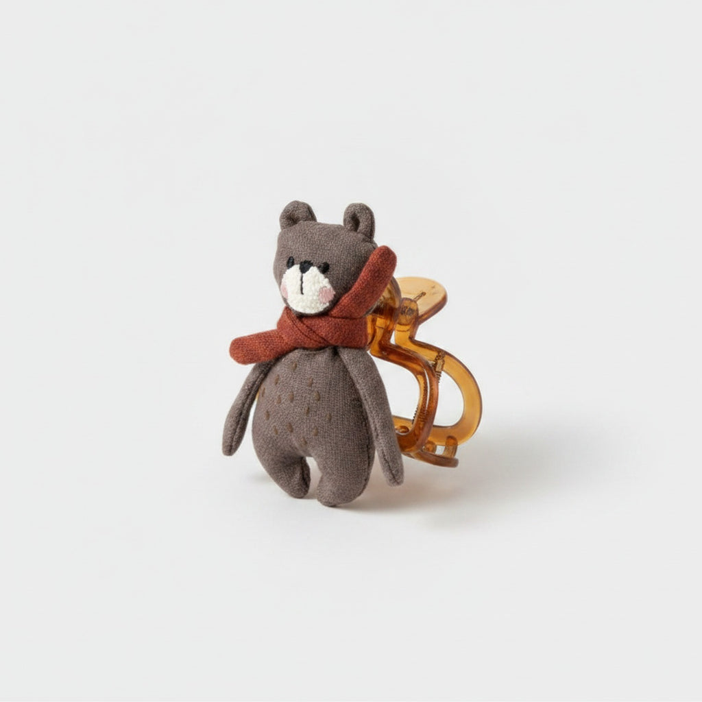 Gray Knit Bear Hair Claw With Rust Bow – hair accessories (view 1)