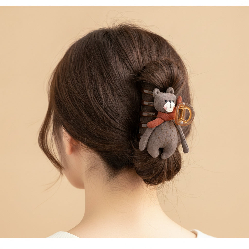 Gray Knit Bear Hair Claw With Rust Bow – hair accessories (view 3)