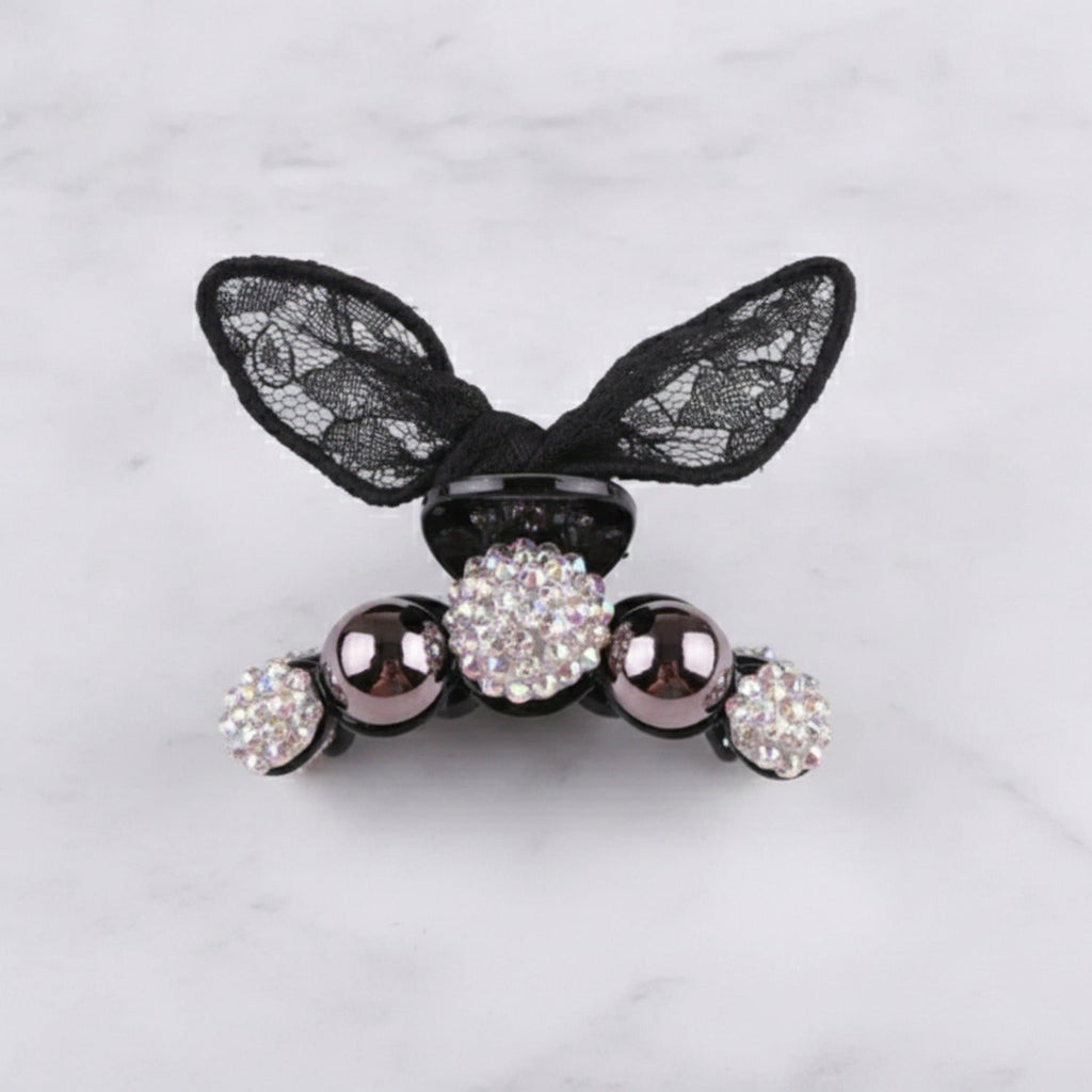 Black Lace Bunny Ears Rhinestone Hair Claw - Black with Ears