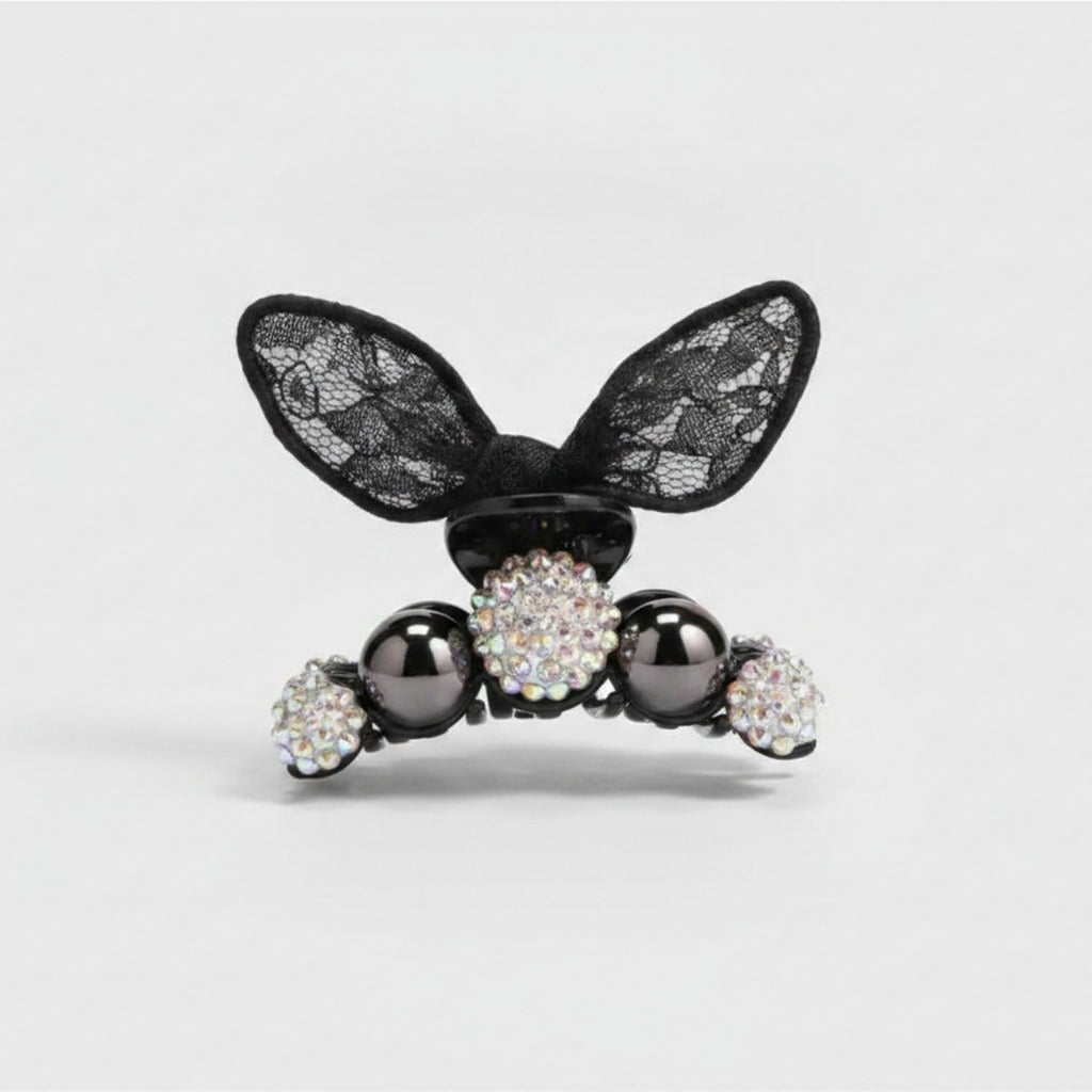 Black Lace Bunny Ears Rhinestone Hair Claw - Black with Ears