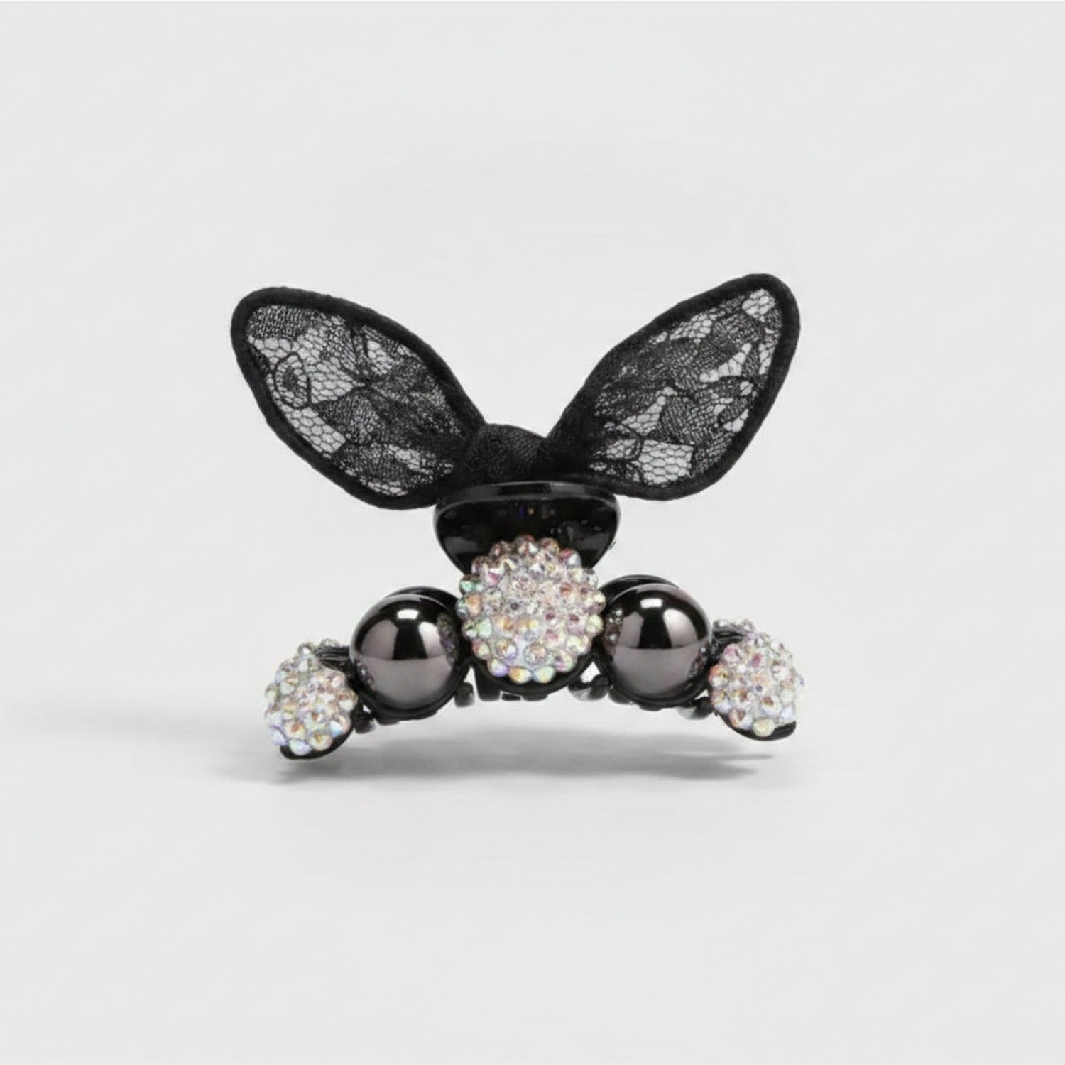 Black Lace Bunny Ears Rhinestone Hair Claw - Black with Ears