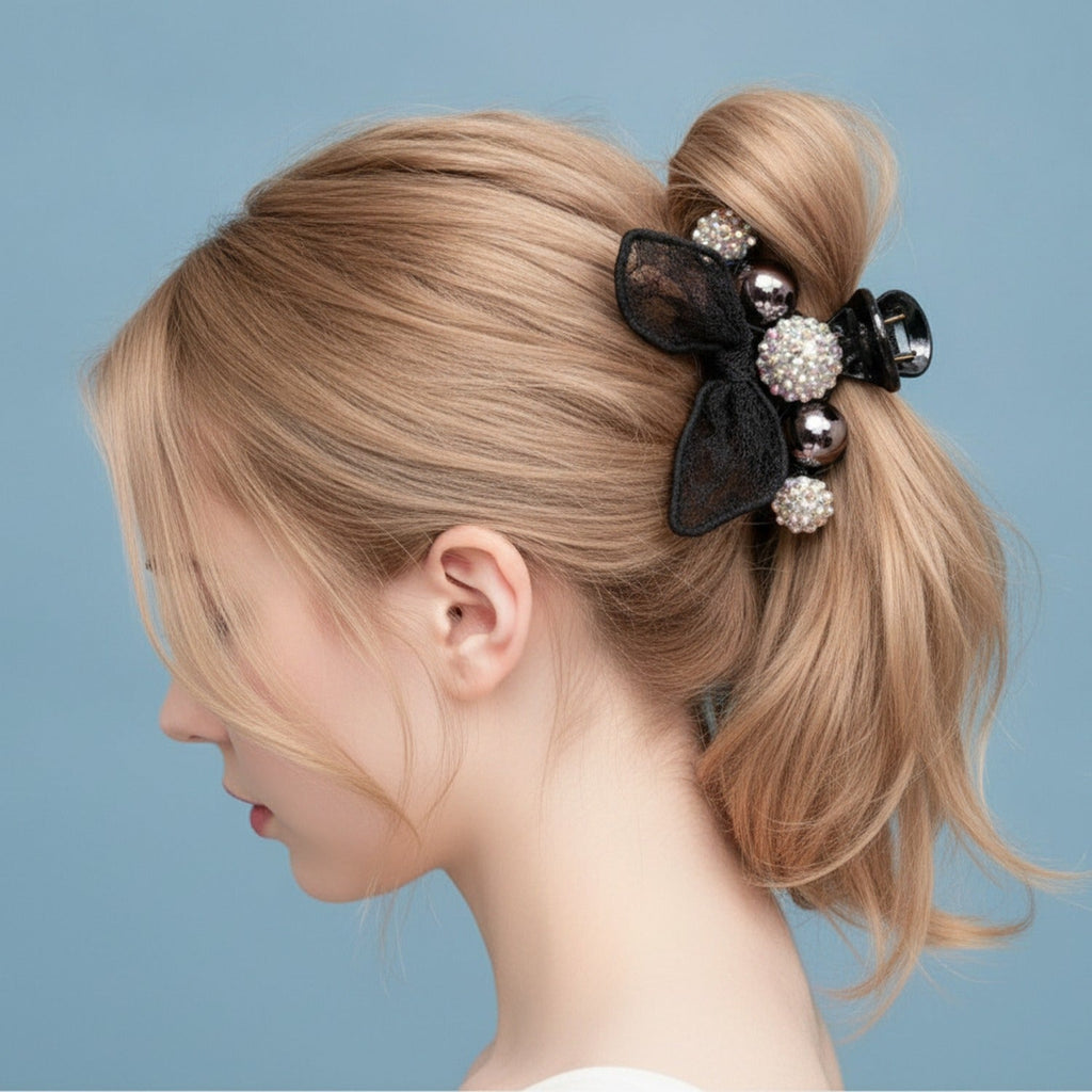 Black Lace Bunny Ears Rhinestone Hair Claw - Black with Ears