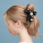 Black Lace Bunny Ears Rhinestone Hair Claw - Black with Ears