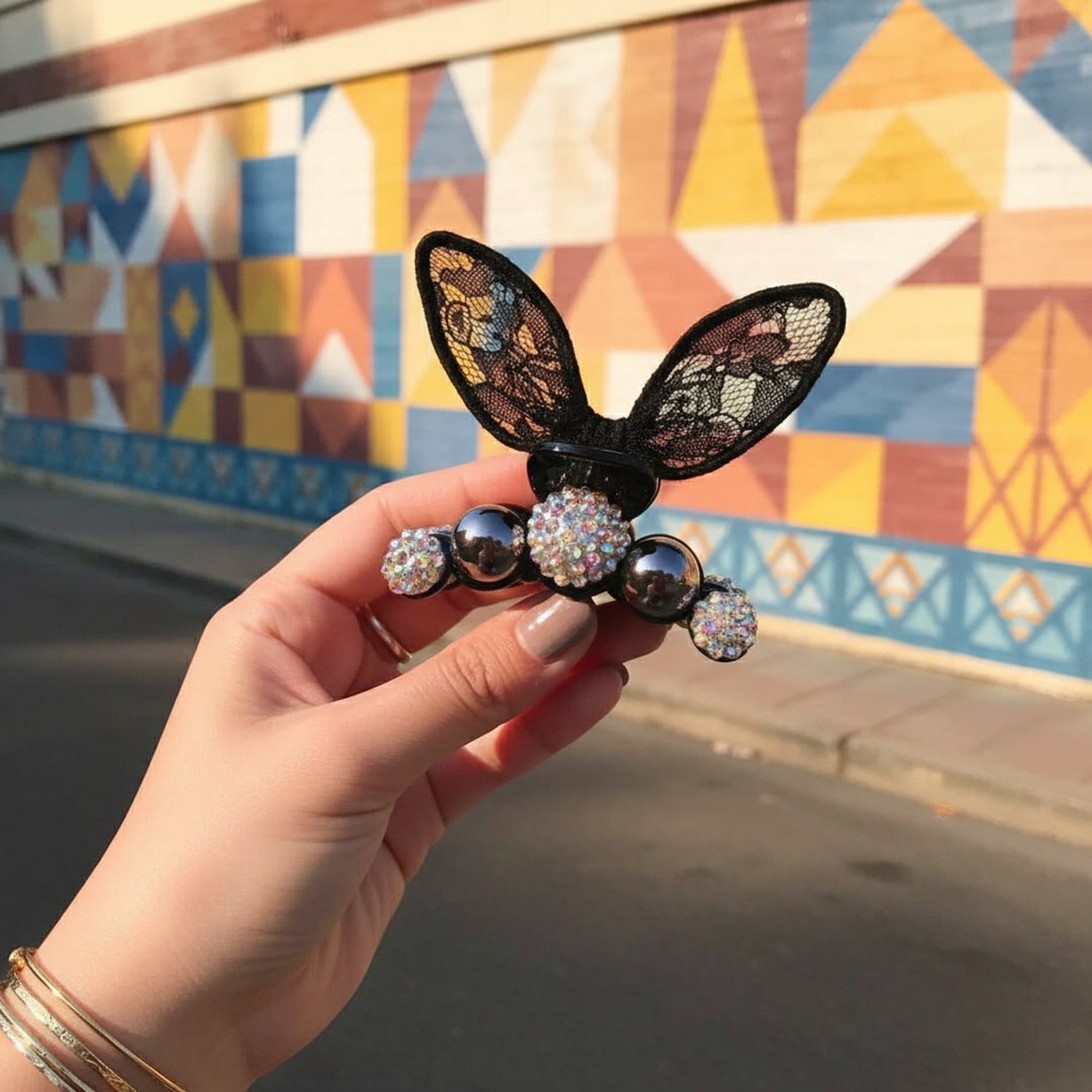 Lace Bunny Ears Rhinestone Hair Claw - Black Lace Bunny – hair accessories (view 3)