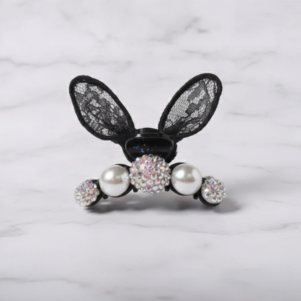 Lace Bunny Ears Rhinestone Hair Claw - Black Lace Bunny