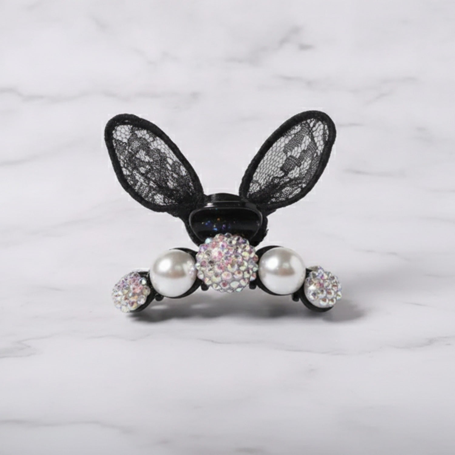 Black Lace Bunny Ears Rhinestone Hair Claw - Black Lace Bunny