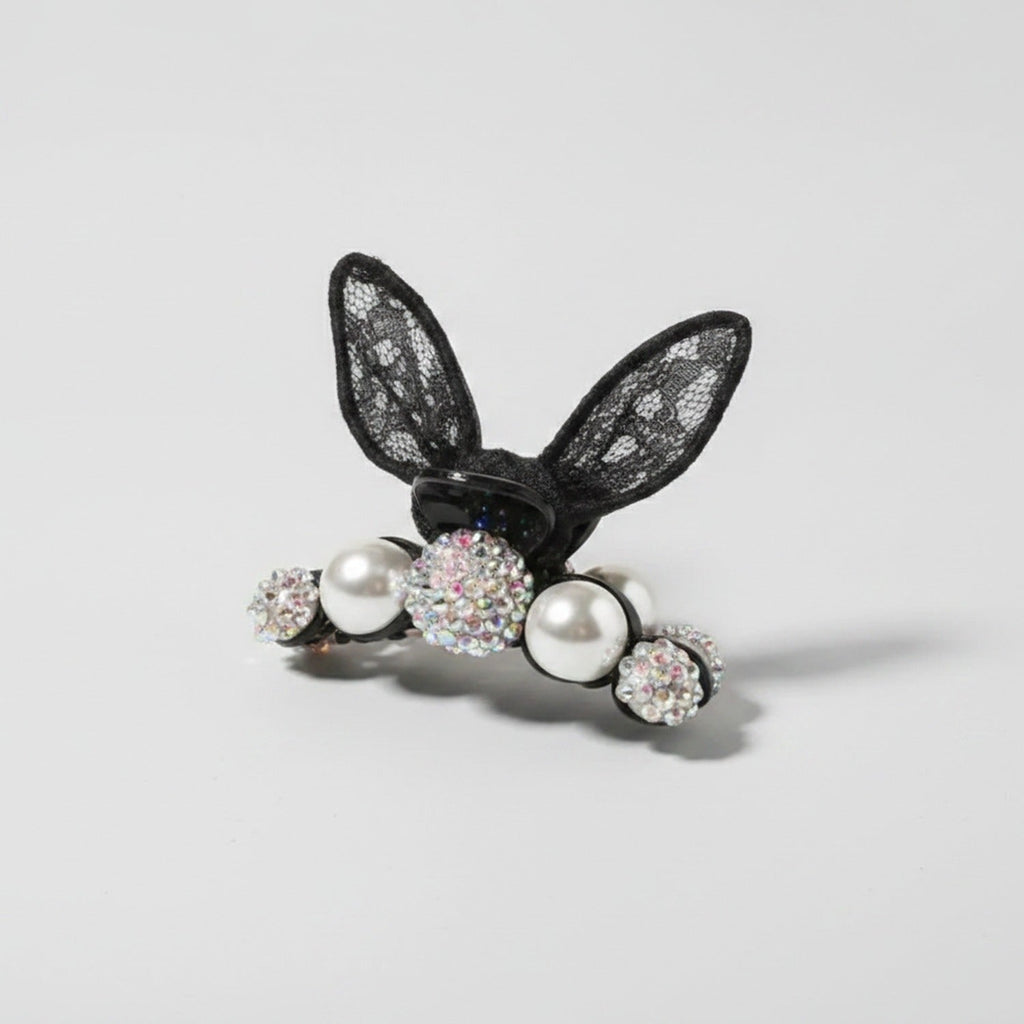 Lace Bunny Ears Rhinestone Hair Claw - Black Lace Bunny