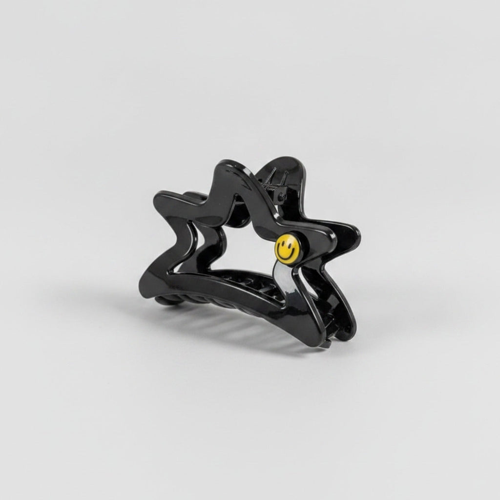 Star Hair Claw With Smiley Charm - Black Smiley Star