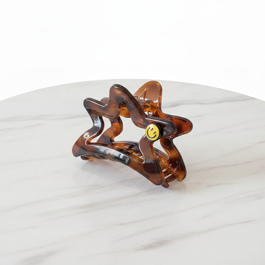 Star Hair Claw With Smiley Charm - Tortoiseshell Smiley