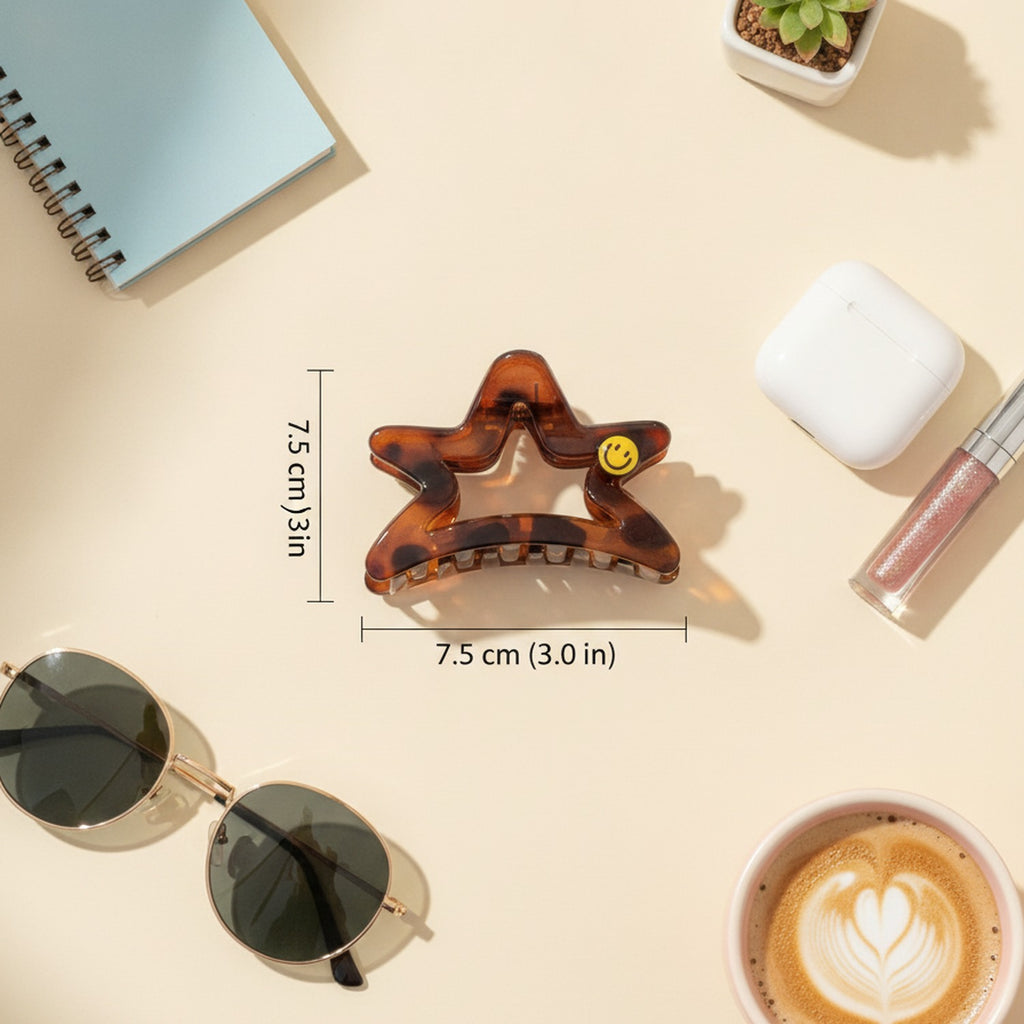 Star Hair Claw With Smiley Charm - Tortoiseshell Smiley – hair accessories (view 2)