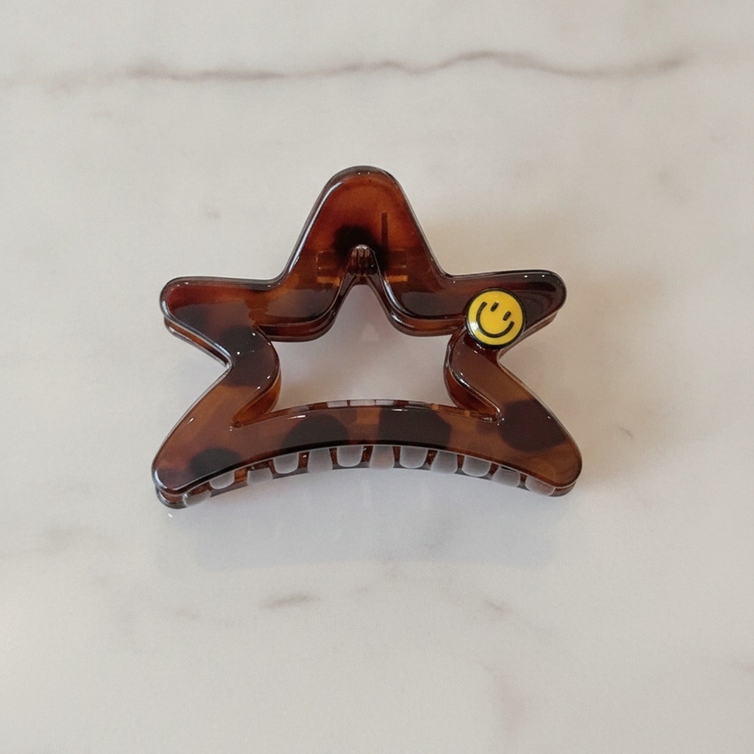 Black Star Hair Claw With Smiley Charm - Tortoiseshell Smiley