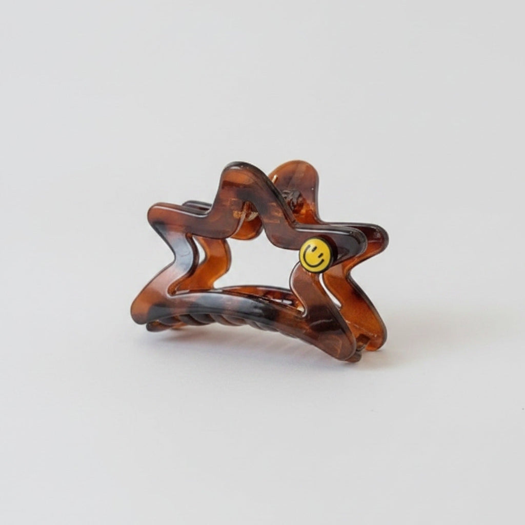 Star Hair Claw With Smiley Charm - Tortoiseshell Smiley