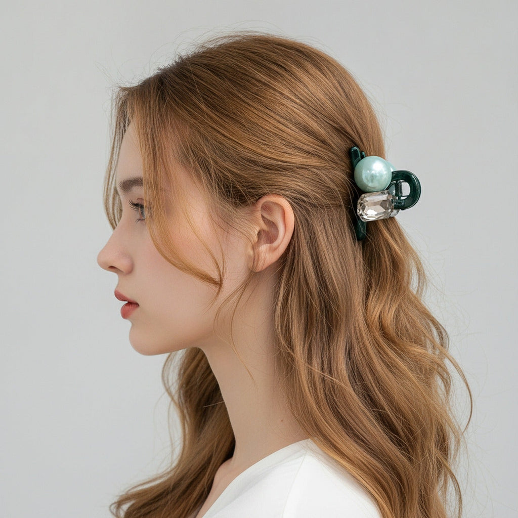 Hair Claw Clip Pearl Crystal - Mint Pearl Champagne