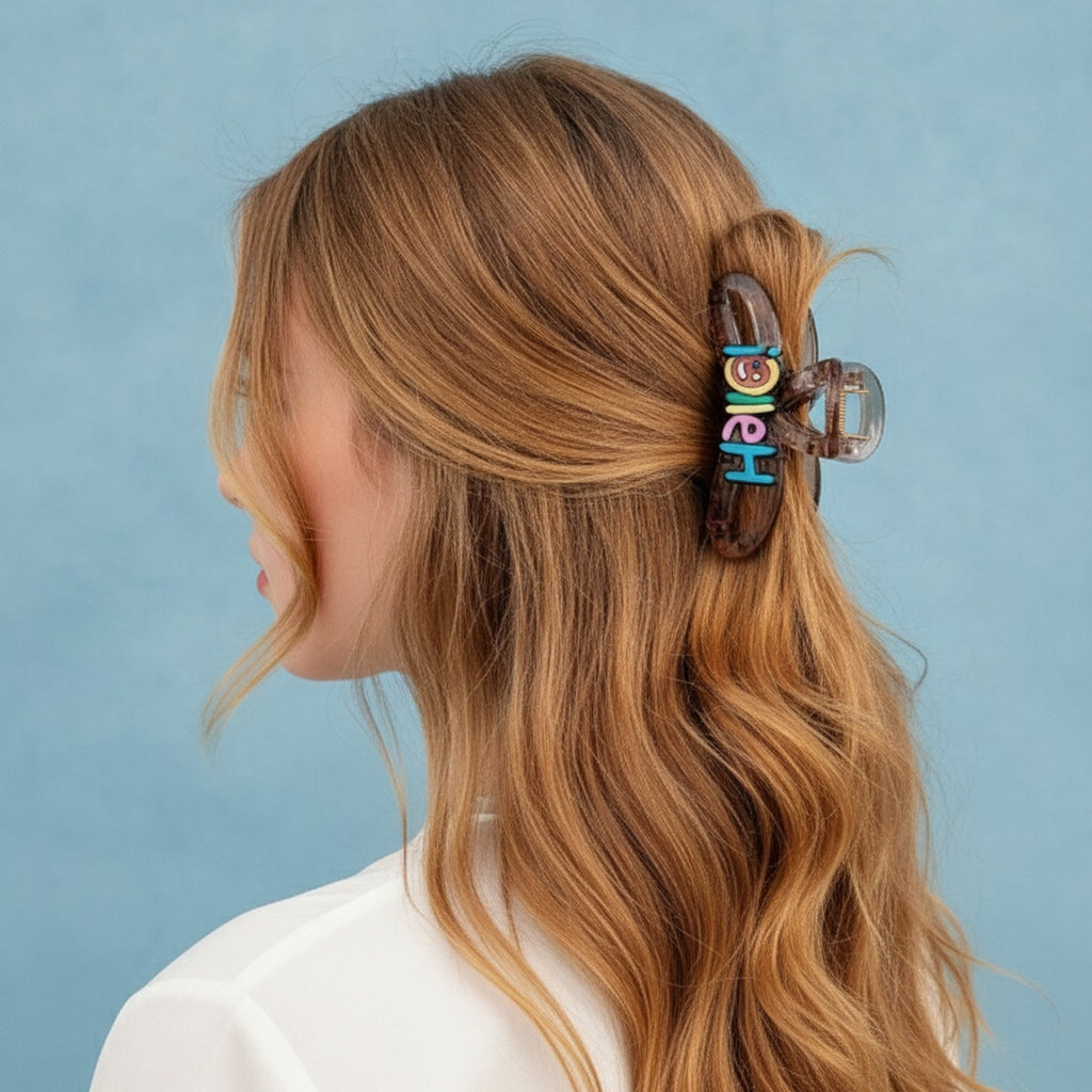 Translucent Brown Hair Claw With Colorful Smiley Charm – hair accessories (view 2)