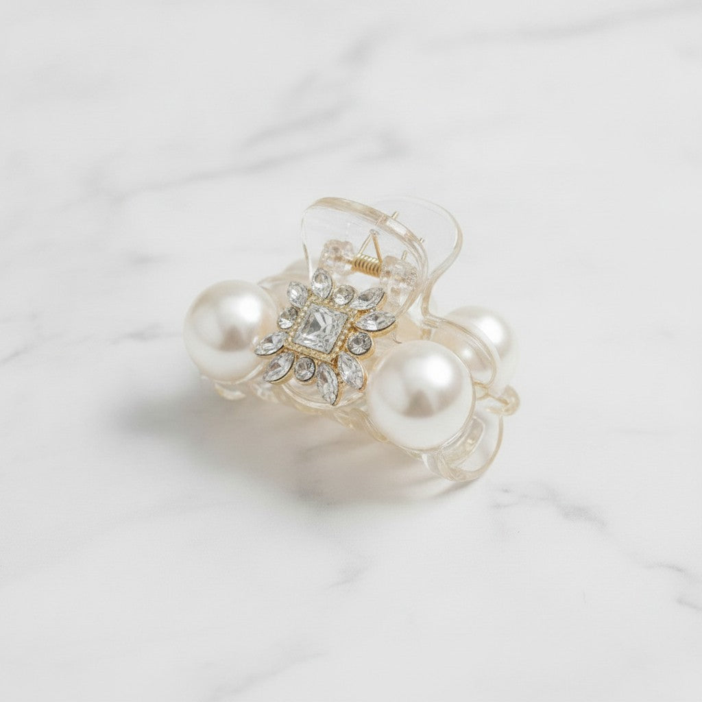 Pearl and Rhinestone Flower Hair Claw Clip – hair accessories (view 3)
