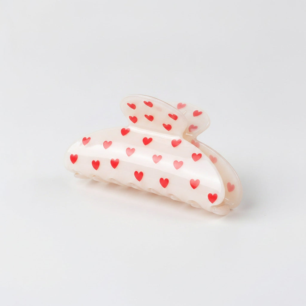 Heart Pearl Claw Hair Clip - Red Hearts Cream