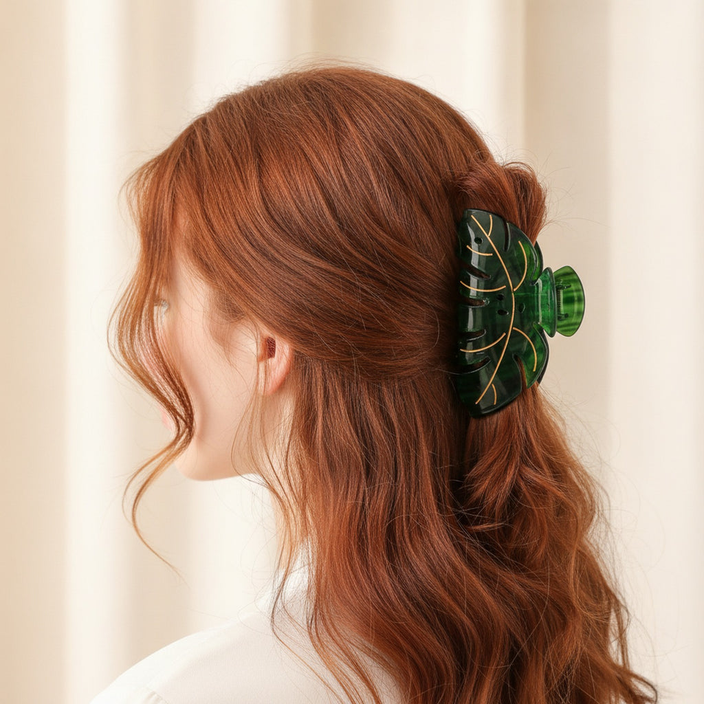 Green Monstera Leaf Hair Claw Clip Gold – hair accessories (view 2)