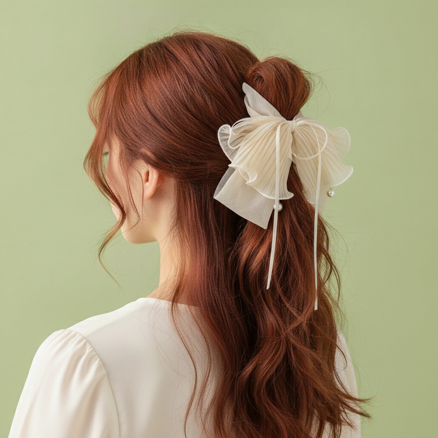 Pleated Flower Hair Claw Clip Pearl - Chiffon Butterfly Hair Clip Beige