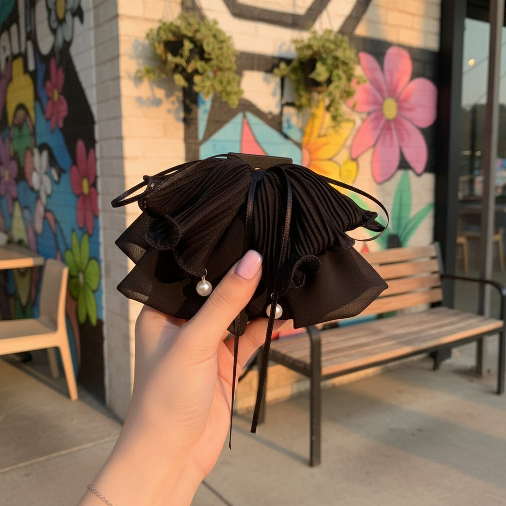 Pleated Flower Hair Claw Clip Pearl - Chiffon Butterfly Hair Clip Black – hair accessories (view 2)