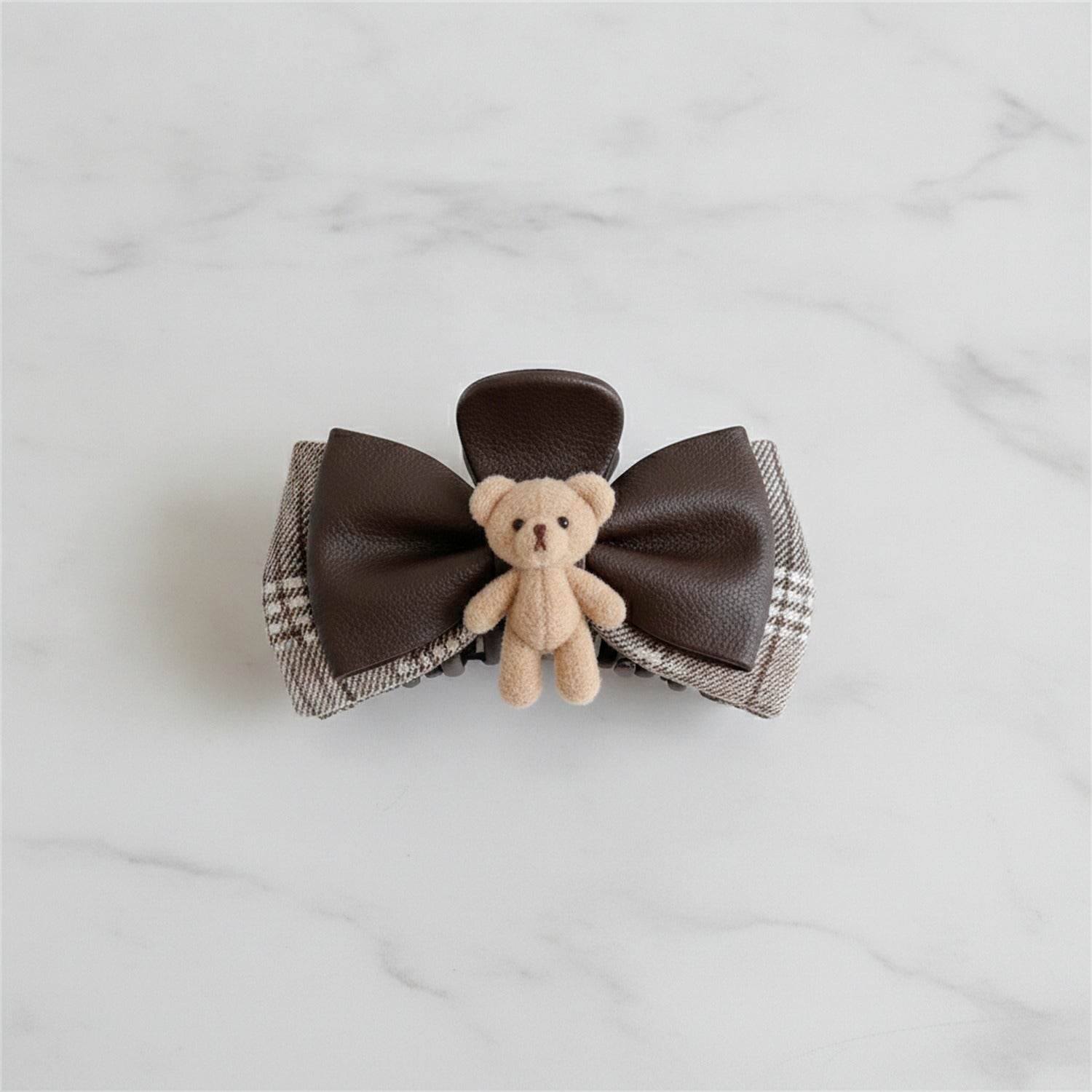 Brown Leather Hair Claw With Beaded Bear Charm