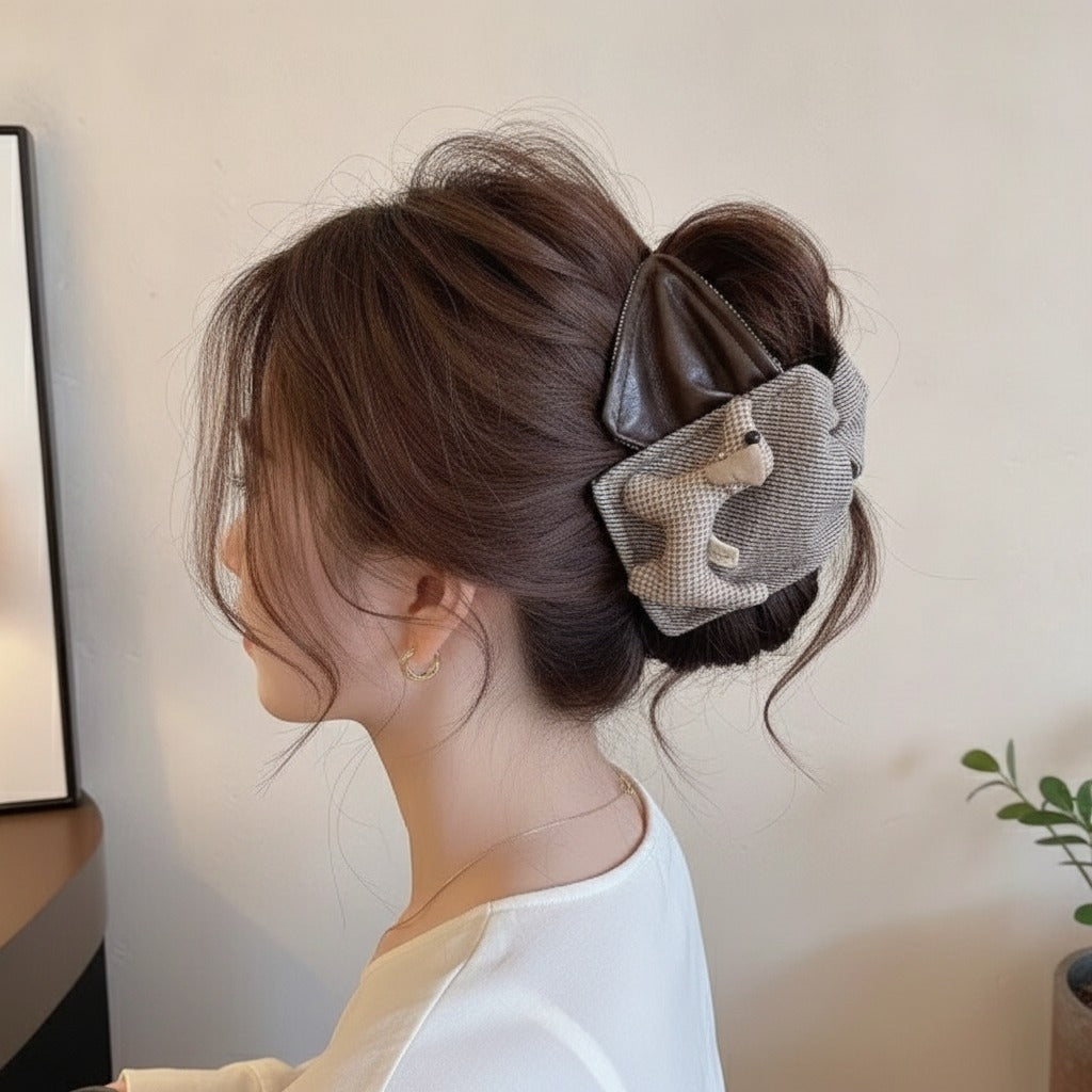 Brown Leather Hair Claw With Beaded Bear Charm – hair accessories (view 1)