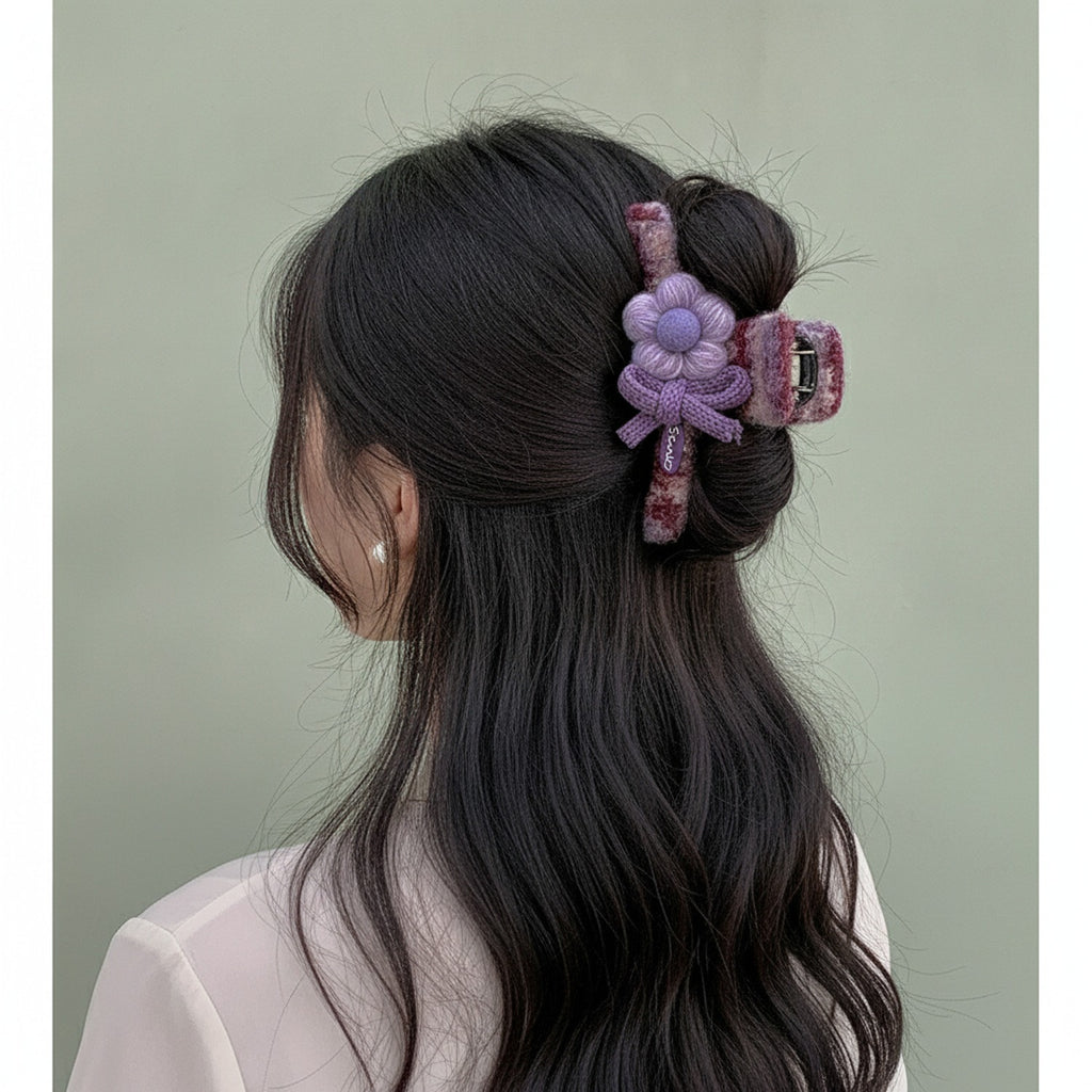Fuzzy Plush Flower Hair Claw Clip – hair accessories (view 3)