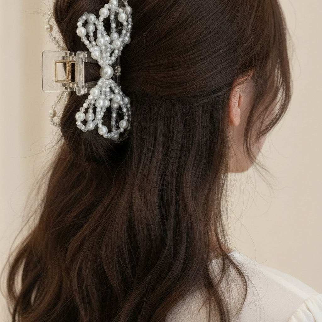 Pearl Beaded Bow Hair Claw Clip – hair accessories (view 3)
