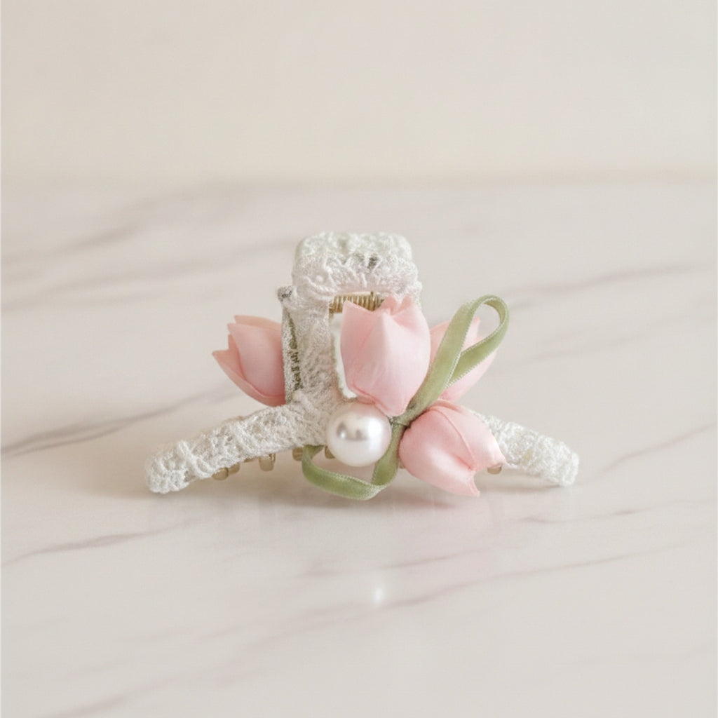 Pink Flower Pearl Hair Claw Clip – hair accessories (view 2)