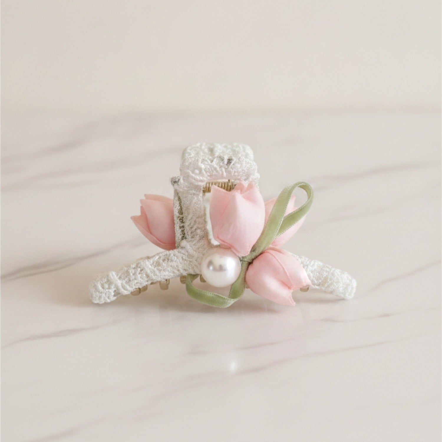 Pink Flower Pearl Hair Claw Clip