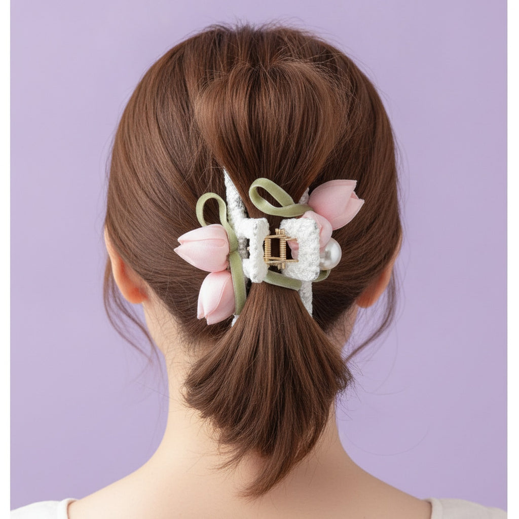 Pink Flower Pearl Hair Claw Clip – hair accessories (view 3)