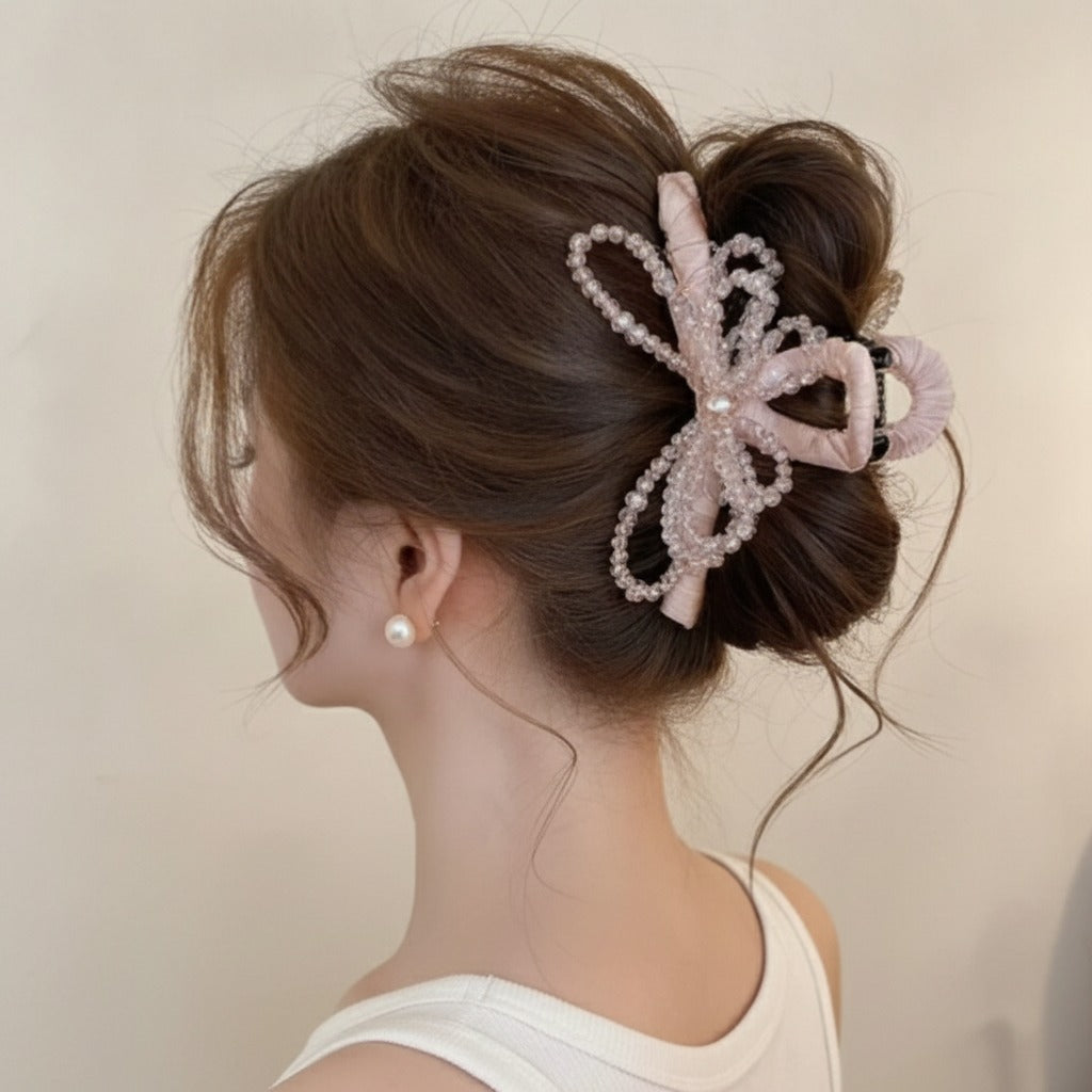 Pink Beaded Butterfly Hair Claw With Pearl – hair accessories (view 2)