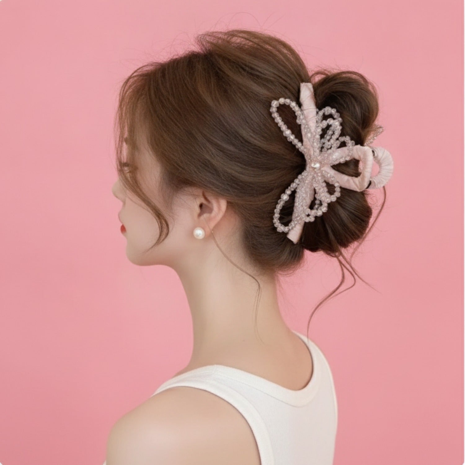Pink Beaded Butterfly Hair Claw With Pearl