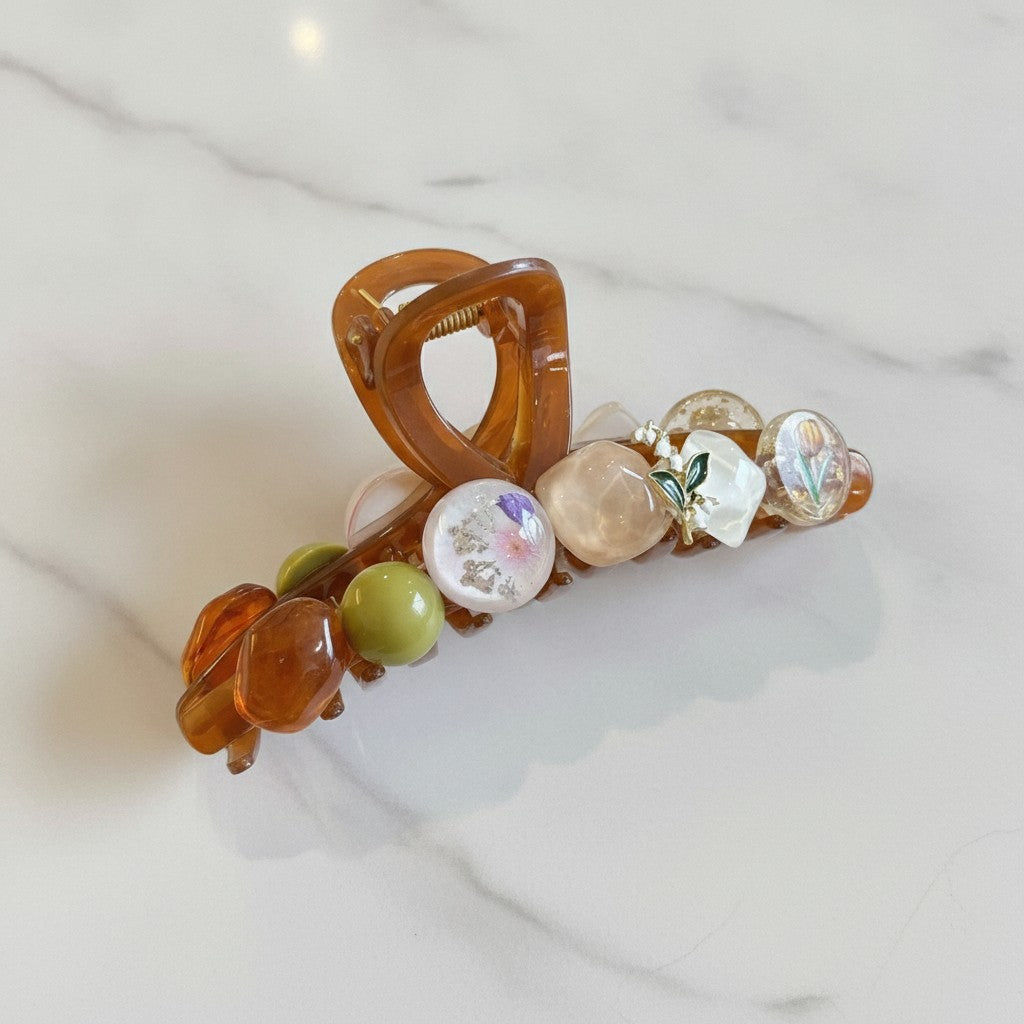 Amber Hair Claw With Floral Resin Spheres