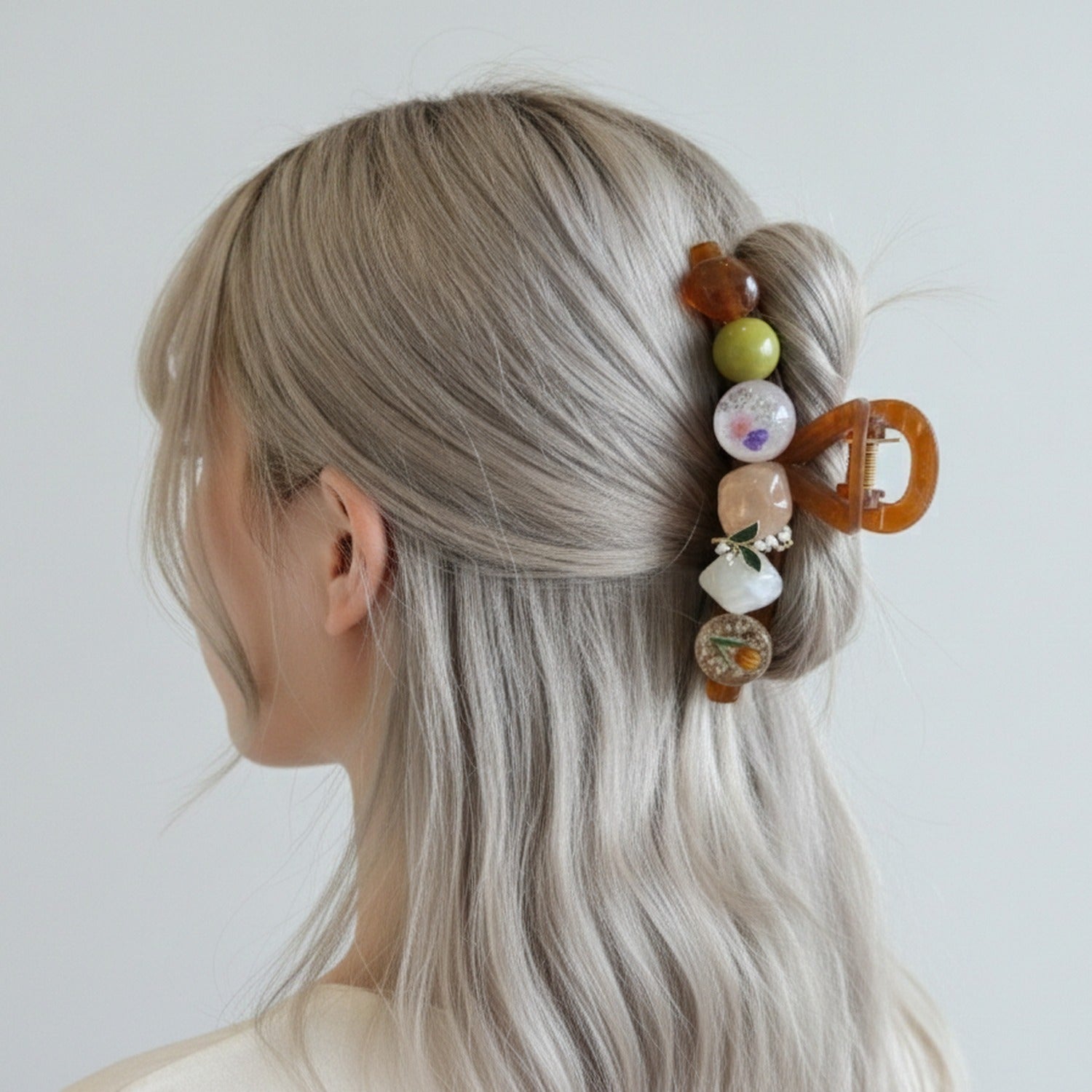 Amber Hair Claw With Floral Resin Spheres