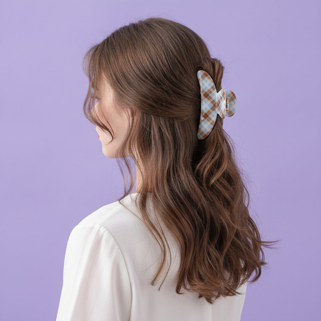 Plaid Hair Claw Clip With Pearl Accents – hair accessories (view 2)