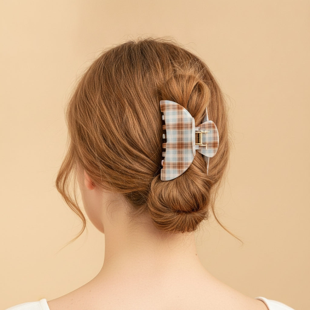 Plaid Hair Claw Clip - Brown & Blue – hair accessories (view 2)