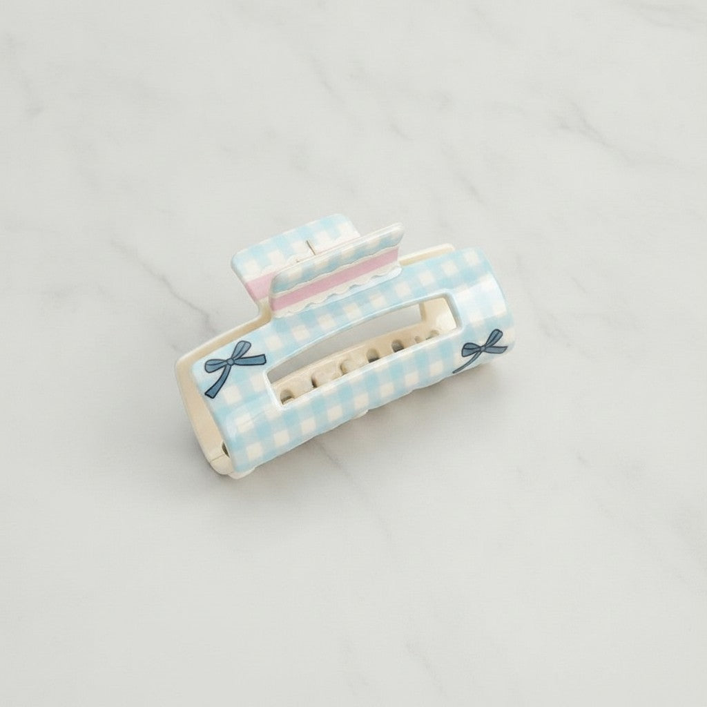 Blue Gingham Hair Claw With Bow Detail