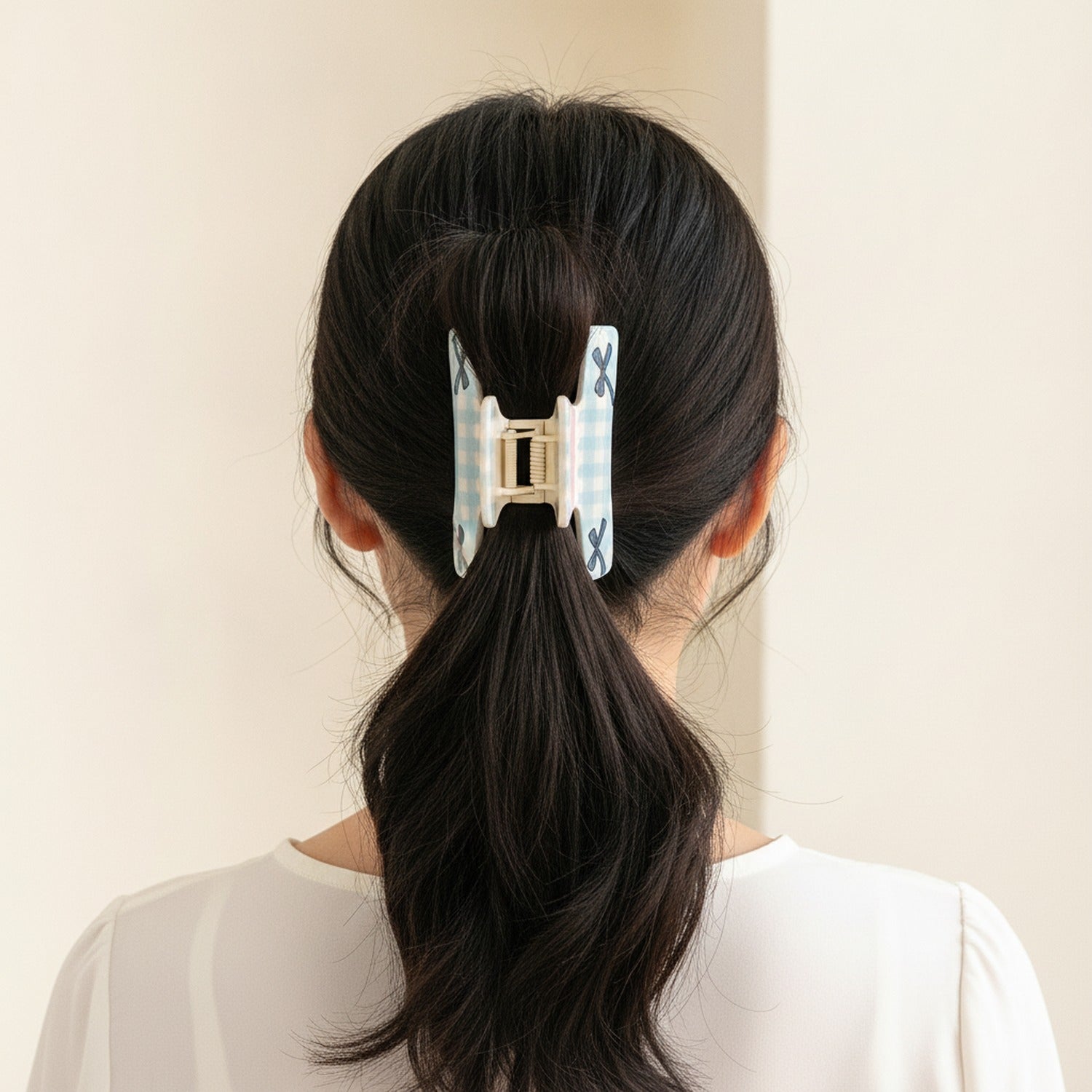 Blue Gingham Hair Claw With Bow Detail