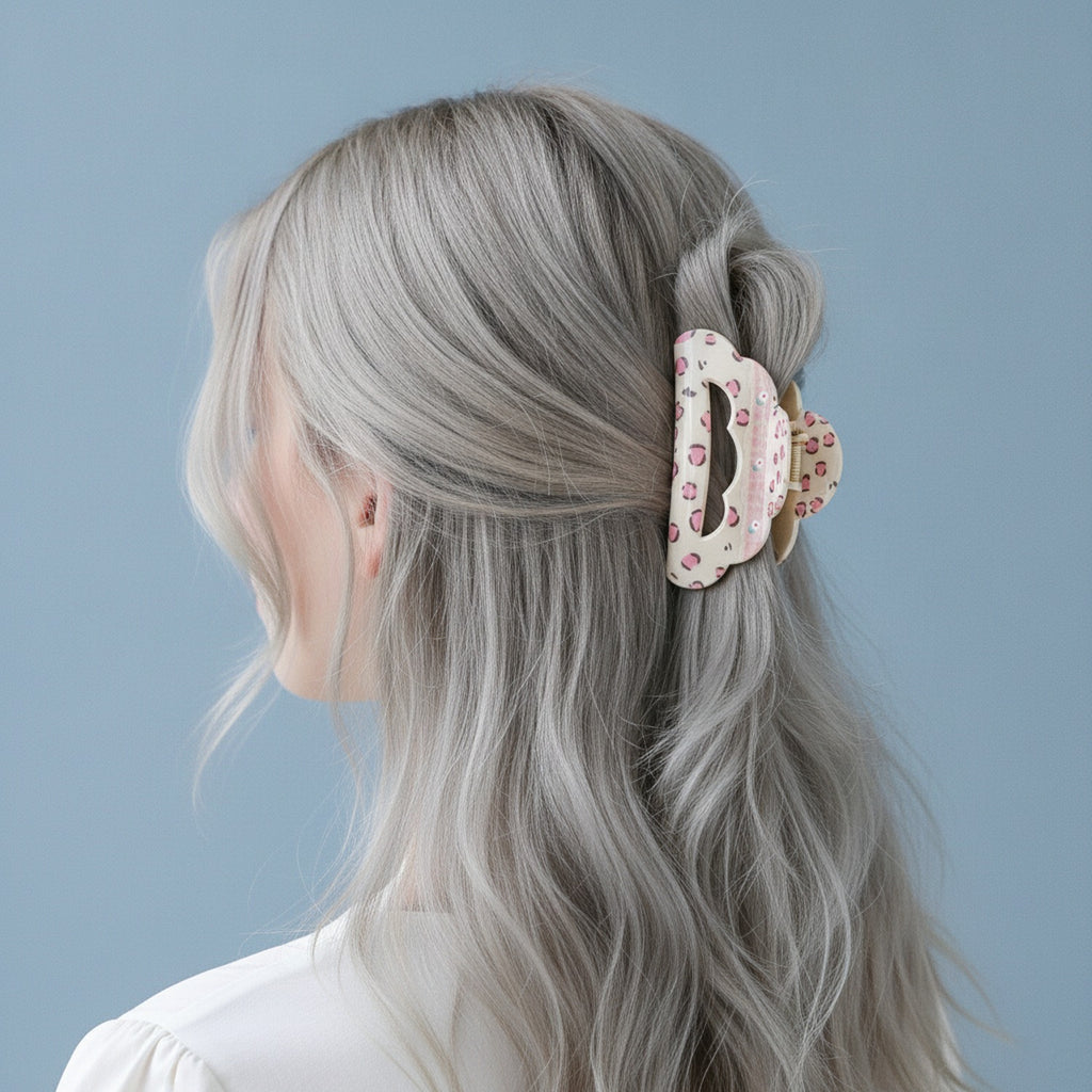Cream Pink Leopard Print Hair Claw Clip – hair accessories (view 2)